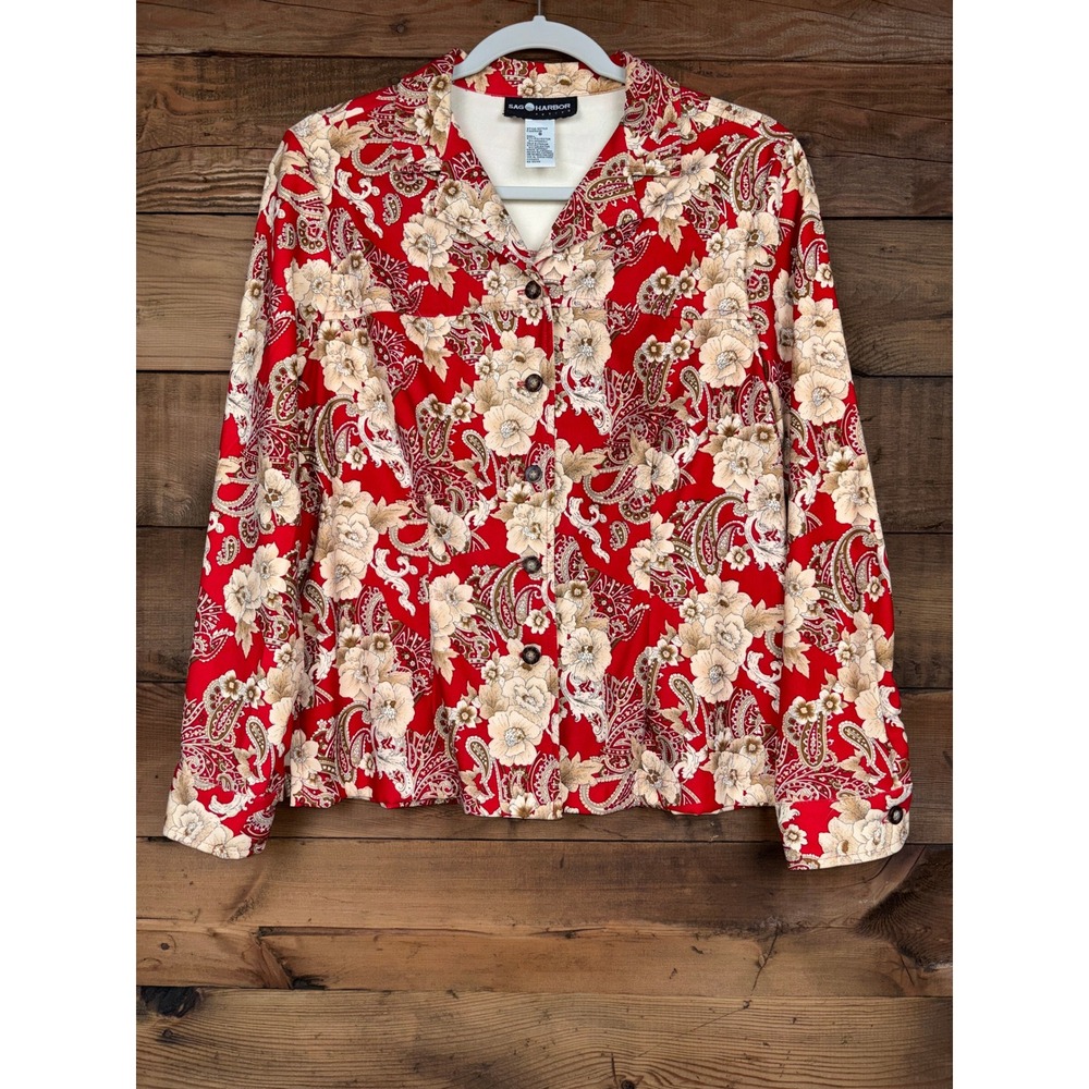 Sag Harbor Paisley Floral Button Front Shirt Womens 8 Stretch Collared Blouse